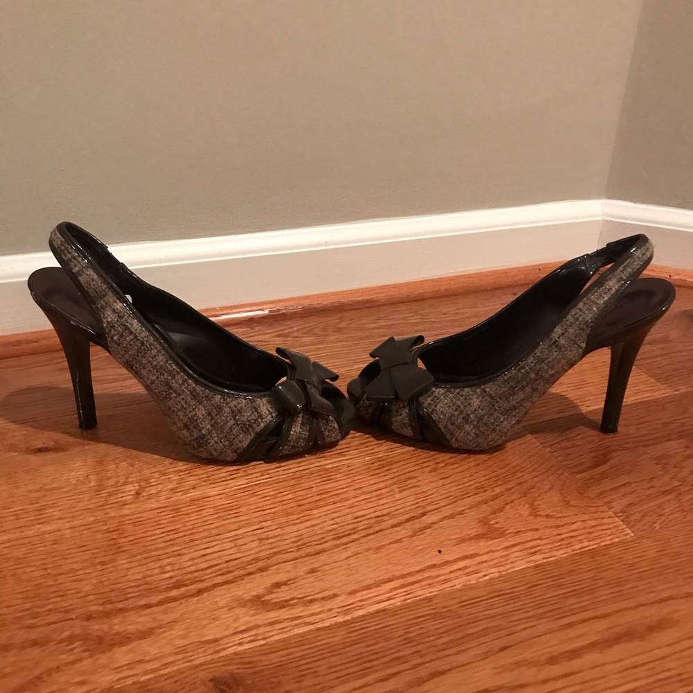 Brown tweed and patent heels